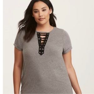 Torrid Deep V Lace Up Tee Size 2 Grey and Black